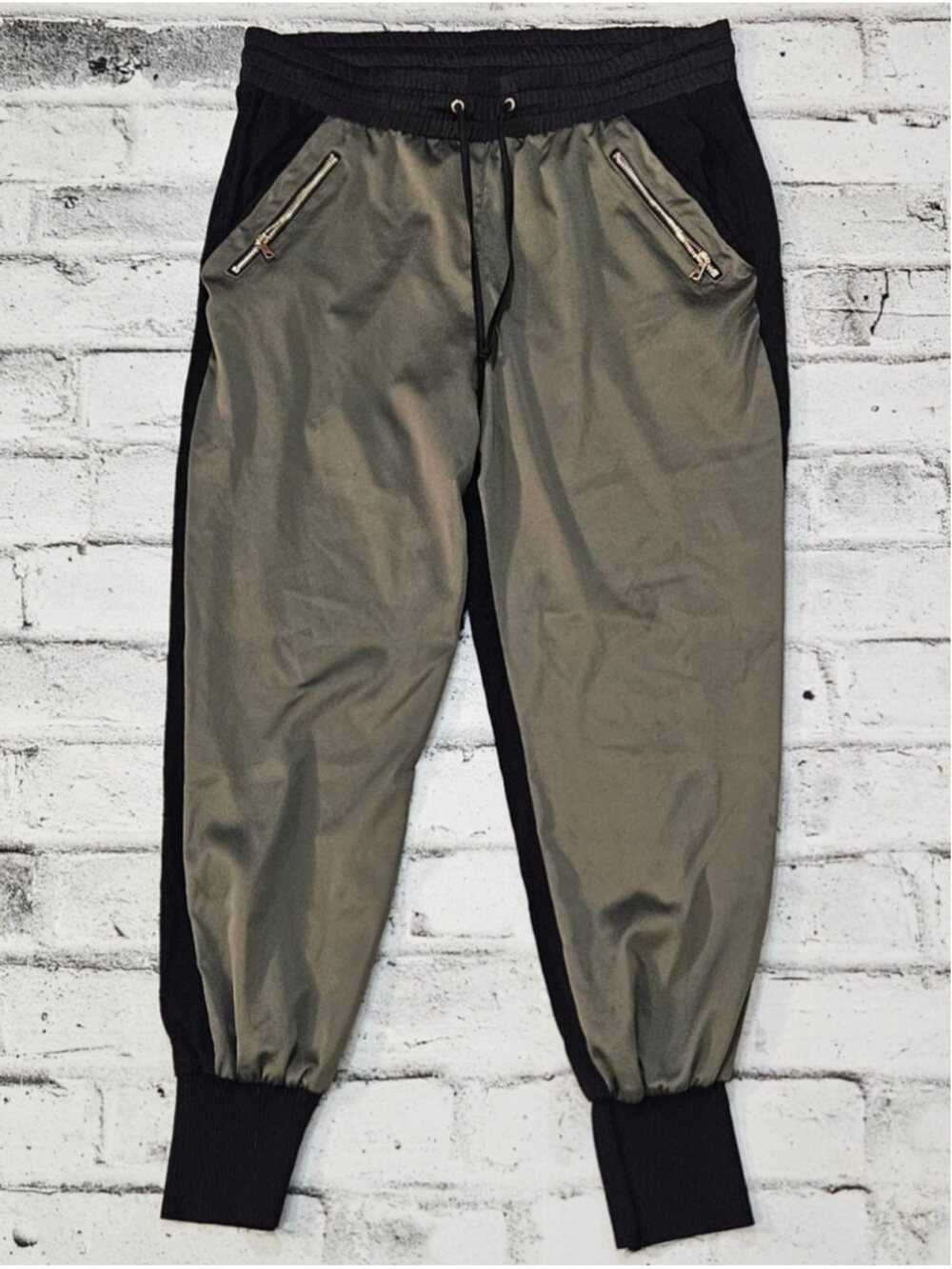 Bebe Black Olive Colorblock Jogger Pants Zip Pockets Women's XS